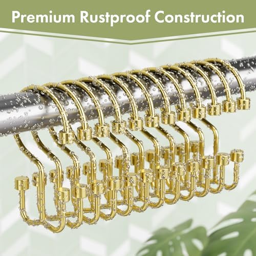 Amazer Gold Shower Curtain Hooks, 12PCS Minimalist Simple Double Shower Curtain Rings, Rust-Resistant Metal Shower Hooks, Cylinders Shower Rings for Bathroom Shower Rods Curtains