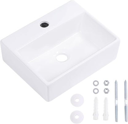 Wall Mount Bathroom Vessel Sink 15"x12" Rectangular Floating White Porcelain Ceramic Wall Hung Vanity Basin Sink for Home,RV,Bathroom