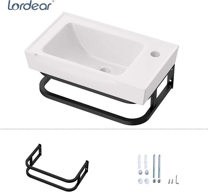 Lordear Wall Mounted Bathroom Sink with Towel Rack 20 x 11 Inch Modern Black Wall Hung Sink for ADA Bathrooms, Rectangular One Hole Porcelain Vanity Sinks