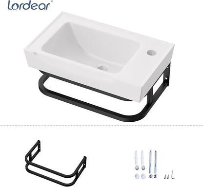 Lordear Wall Mounted Bathroom Sink with Towel Rack 20 x 11 Inch Modern Black Wall Hung Sink for ADA Bathrooms, Rectangular One Hole Porcelain Vanity Sinks