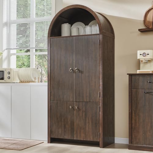 IFGET 71" Tall Arched Kitchen Pantry, Modern Fluted Storage Cabinet, Brown