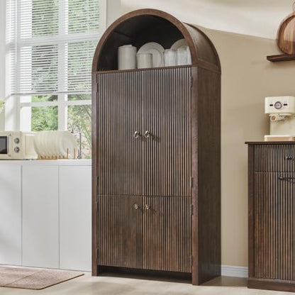 IFGET 71" Tall Arched Kitchen Pantry, Modern Fluted Storage Cabinet, Brown