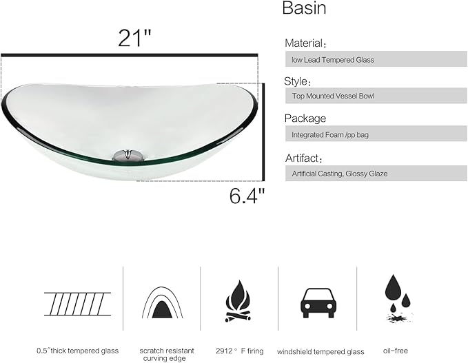 Bathroom Boat Shape Artistic Glass Vessel Sink Free Chrome Faucet and Pop-up Drain Set, Clear