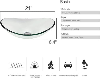 Bathroom Boat Shape Artistic Glass Vessel Sink Free Chrome Faucet and Pop-up Drain Set, Clear