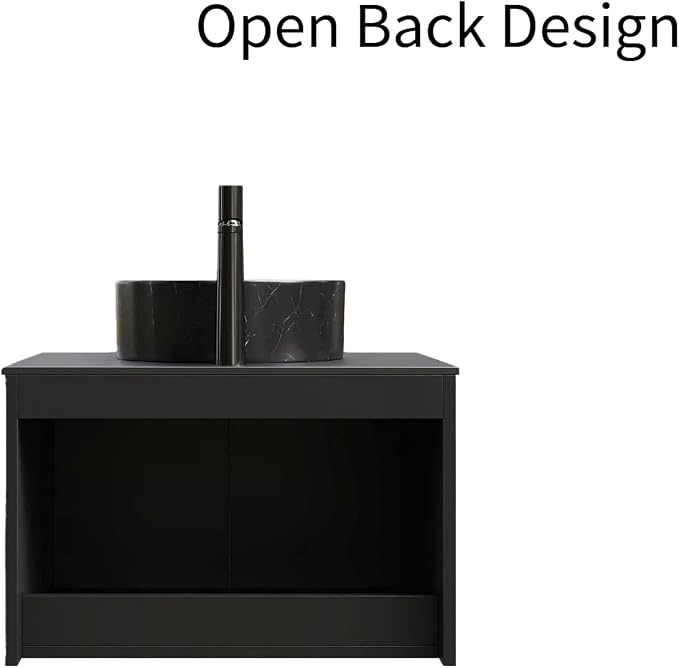 24" Bathroom Vanity with Sink, Wall-Mounted Bathroom Vanity with Black Round Ceramic Vessel Basin, Modern Plywood Floating Vanity with Twill Double Doors, Bathroom Storage Cabinet, Black