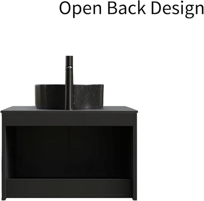 24" Bathroom Vanity with Sink, Wall-Mounted Bathroom Vanity with Black Round Ceramic Vessel Basin, Modern Plywood Floating Vanity with Twill Double Doors, Bathroom Storage Cabinet, Black