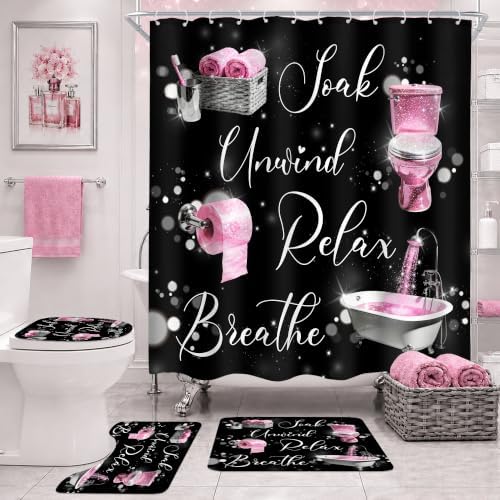 Pink Black Girls Girly Quotes 4Pcs Bathroom Shower Curtain Set with Rugs