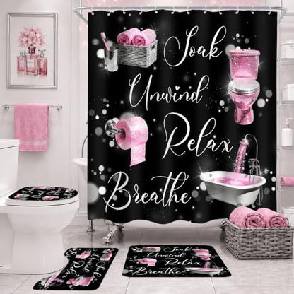 Pink Black Girls Girly Quotes 4Pcs Bathroom Shower Curtain Set with Rugs