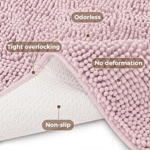 Bcoimo Bath Rug Mat,48x30 Chenille Non Slip Pink Long Bathroom Runner Rugs