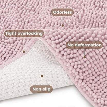 Bcoimo Bath Rug Mat,48x30 Chenille Non Slip Pink Long Bathroom Runner Rugs