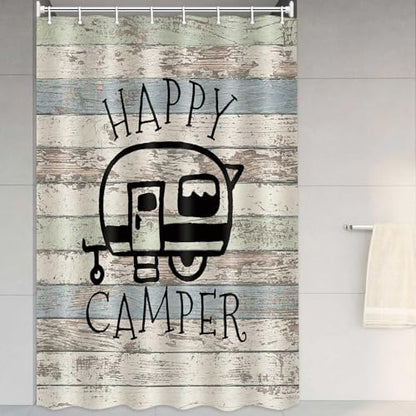 Happy Campers Shower Curtain Retro Rustic Wood Neutral Color For Travel Trailer Camping Motor RV Bathroom Stall Shower Curtain Set, Small Size Waterproof Fabric Shower Cutain, Hooks Include 47x72