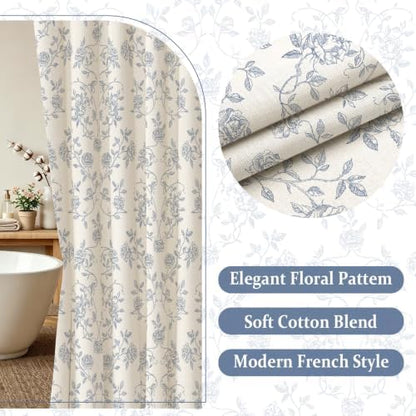 MitoVilla Vintage Farmhouse Blue Floral Poly-Cotton Shower Curtain, 72x72