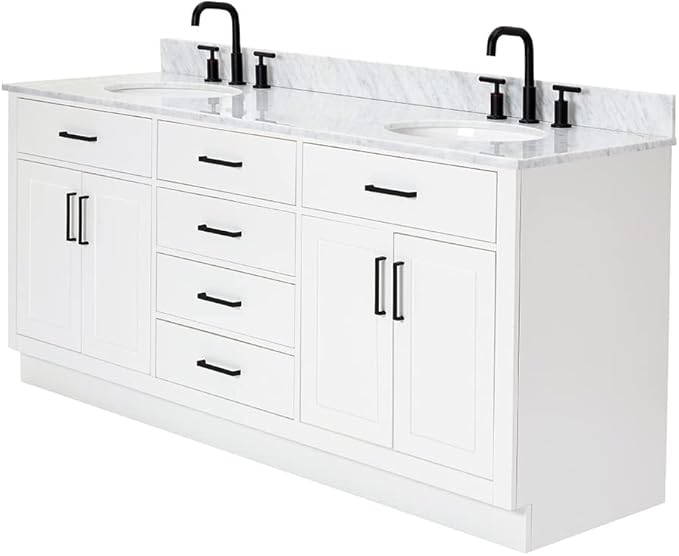 ARIEL Hepburn 72-inch Bathroom Vanity with Sink,Solid Wood, 0.75-inch Italian Carrara Marble Countertop & Backsplash, Double Oval Porcelain Sink, 4 Soft Closing Doors, 6 Dovetail Drawers, White