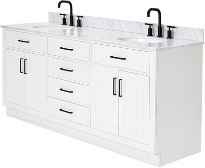 ARIEL Hepburn 72-inch Bathroom Vanity with Sink,Solid Wood, 0.75-inch Italian Carrara Marble Countertop & Backsplash, Double Oval Porcelain Sink, 4 Soft Closing Doors, 6 Dovetail Drawers, White