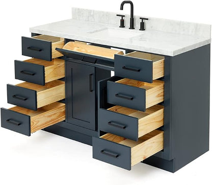 DKB Isabella 54" Midnight Blue Bathroom Vanity with Sink, 1.5" Edge Italian Carrara Marble Countertop, Rectangular Sink, 2 Soft-Closing Doors, 9 Dovetail Drawers