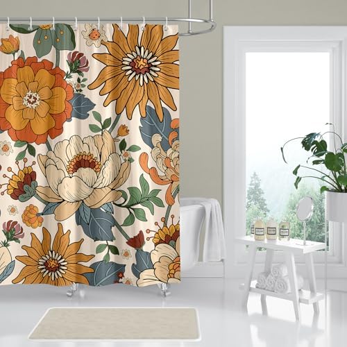 Orange Boho Floral Shower Curtain for Bathroom 72 x 72 inch