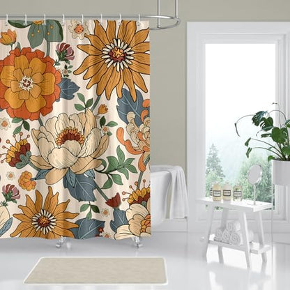 Orange Boho Floral Shower Curtain for Bathroom 72 x 72 inch