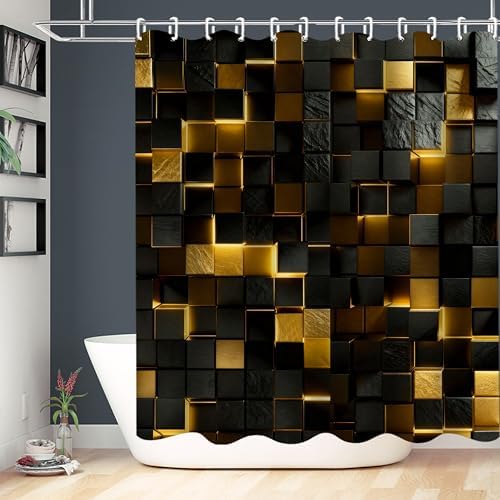 LQCOOL 4 Pcs Black Gold Shower Curtain Set with Rugs, 3D Cube Modern Bathroom Set, Black Gold Polyester Shower Curtains for Bathroom with 12 Hooks, Toilet Lid Cover & U-Shaped Mat