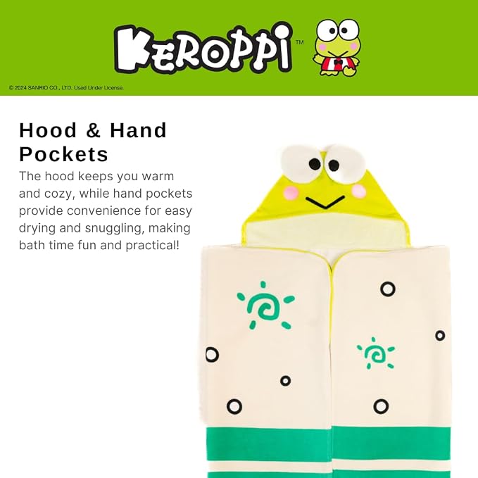Sanrio Keroppi Kids Super Soft Bath/Pool/Beach Soft Cotton Terry Hooded Towel Wrap, 24 in x 50 in, (Officially Licensed Product) by Franco