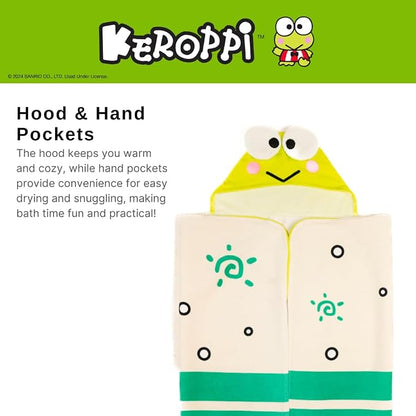 Sanrio Keroppi Kids Super Soft Bath/Pool/Beach Soft Cotton Terry Hooded Towel Wrap, 24 in x 50 in, (Officially Licensed Product) by Franco