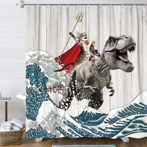 Funny Cat Riding Dinosaur Shower Curtain - Japanese Ocean Wave Design, Nautical Kids Children Rustic Wooden Farmhouse Style, 60X70inch, Brown