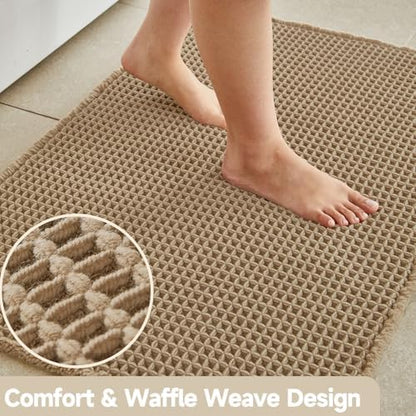 TYUU Waffle Bath Mat, Boho Bathroom Rugs Non Slip Washable Super Absorbent Quick Dry Farmhouse Bathroom Decor, 30"x20" Khaki (Pack of 2)
