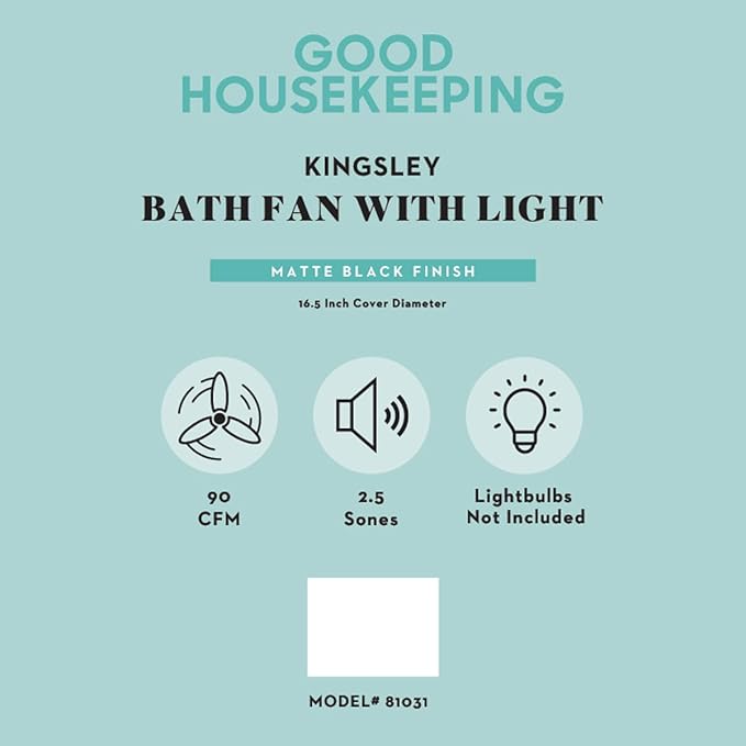 Good Housekeeping Kingsley (81031) Decorative 90 CFM 2.5 Sones Bathroom Ventilation Exhaust Fan with Lighting (Matte Black)