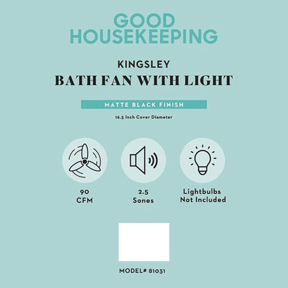 Good Housekeeping Kingsley (81031) Decorative 90 CFM 2.5 Sones Bathroom Ventilation Exhaust Fan with Lighting (Matte Black)