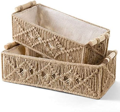 Mkono 2Pc Macrame Storage Basket, Boho Decor Toilet Paper Holder, Brown