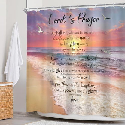 Ocean Bible Verse Beach Pink Orange Sunset Bathroom Shower Curtain Set