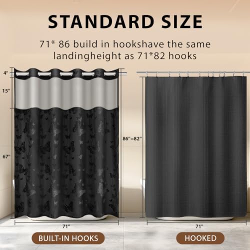 FADOTY No Hook Shower Curtain Snap in Liner Set with Black Butterfly Design