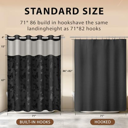 FADOTY No Hook Shower Curtain Snap in Liner Set with Black Butterfly Design