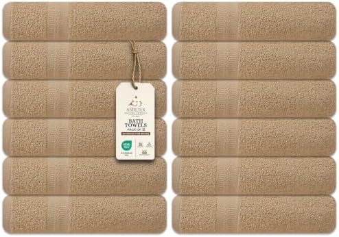 Bath Towels Bulk Set of 12 – 24" x 48" – 100% Cotton Terry, Soft, Quick-Dry & Highly Absorbent – Beige Towels for Bathroom, Spa, Gym, Hotel, Pool & Everyday Use