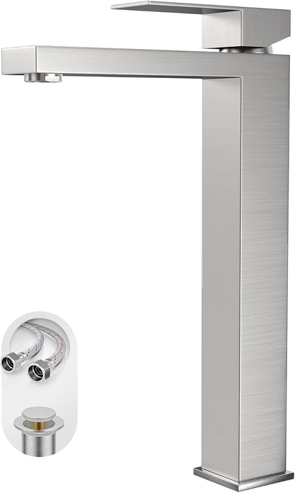 Brushed Nickel Tall Bathroom Faucet for Vessel Sink Single Hole Single Handle Vessel Sink Faucet Vanity Bathroom Faucet Above countertop Sink with Water Supply Hose,BF3530P-BN-V