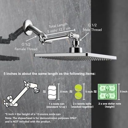 5 Inch Adjustable Shower Head Extension Arm, With Locking Set Screw, Singing Rain 304 Stainless Steel Chrome Angle Height Adjustable, Easy Install, G1/2 Universal Connector Compatible (Chrome Finish)