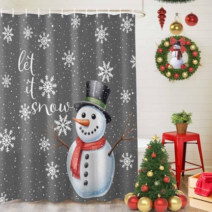 Christmas Snowman Shower Curtain Bathroom Set Xmas Snowflakes Gray Waterproof Shower Curtains with Grommets Hooks Winter Snow Privacy Bath Curtain for Bathtub Decor 72x72in