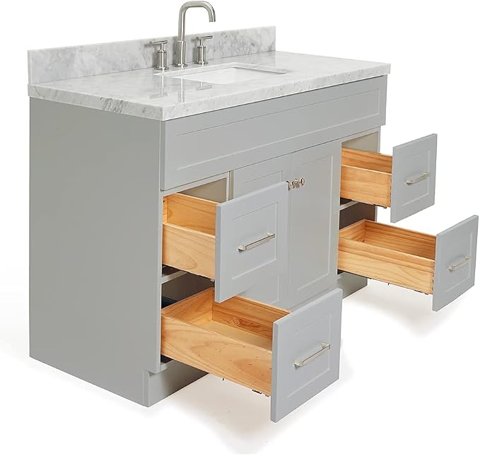Bradford 48-Inch Bathroom Vanity with Sink — Grey Single Sink Bathroom Vanity, 1.5" Edge Italian Carrara Marble Top, Solid Wood, 2 Soft-Close Doors, 4 Full Extension Dovetail Drawers