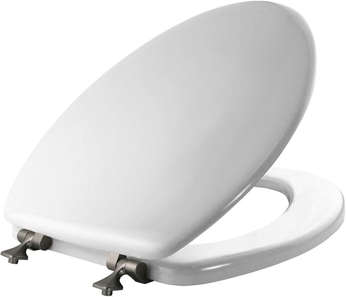 MAYFAIR 1844BNA 000 Toilet Seat with Brushed Nickel Hinges will Never Come Loose, ELONGATE, White - Brushed Nickel