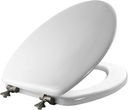 MAYFAIR 1844BNA 000 Toilet Seat with Brushed Nickel Hinges will Never Come Loose, ELONGATE, White - Brushed Nickel