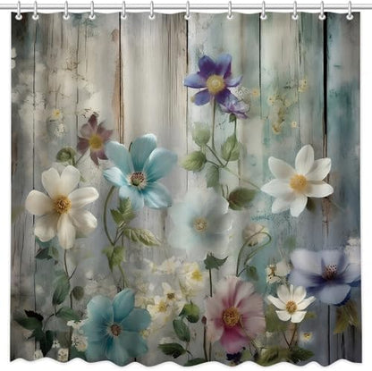 MEHOFOND Rustic Farmhouse Shower Curtain, Colorful Flowers Shower Curtains,Farm Teal Floral on Country Wooden Shower Curtain,Country Blue Wild Garden Plant Fabric Curtains for Bathroom 72x 72 inch