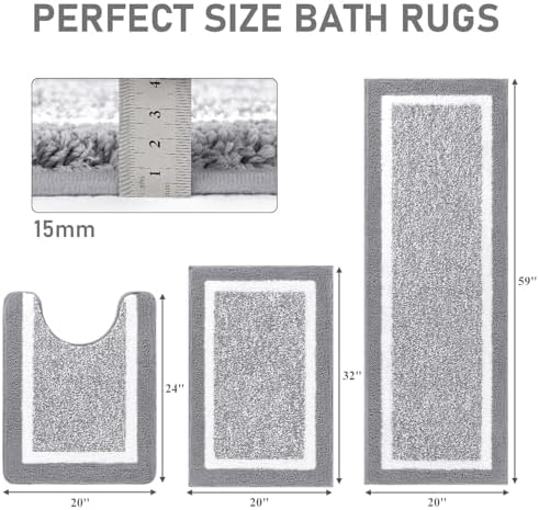 Pauwer Bathroom Rug Sets 3 Piece, Non Slip Washable Bath Mat, Light Grey