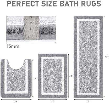 Pauwer Bathroom Rug Sets 3 Piece, Non Slip Washable Bath Mat, Light Grey