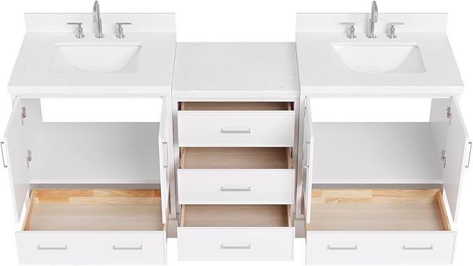 ARIEL Stafford 84-inch Bathroom Vanity with Sink,Solid Wood, 1.5in Carrara White Quartz Countertop & Backsplash, Double Rectangular Porcelain Sink, 4 Soft Closing Doors, 5 Dovetail Drawers, White