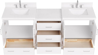 ARIEL Stafford 84-inch Bathroom Vanity with Sink,Solid Wood, 1.5in Carrara White Quartz Countertop & Backsplash, Double Rectangular Porcelain Sink, 4 Soft Closing Doors, 5 Dovetail Drawers, White