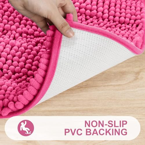 Grandaily Chenille Striped Bathroom Rugs 30x20, Extra Thick and Absorbent Bath Mats, Non-Slip Soft Plush Shaggy Shower Carpet, Machine Wash Dry, Bath Rug for Bathroom, (Medium, Hot Pink)