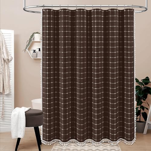 BTTN Brown Boho Farmhouse Linen Heavy Duty Fabric Shower Curtain Set, 72x72