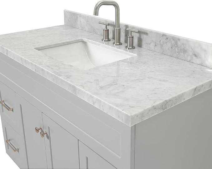 Bradford 48-Inch Bathroom Vanity with Sink — Grey Single Sink Bathroom Vanity, 1.5" Edge Italian Carrara Marble Top, Solid Wood, 2 Soft-Close Doors, 4 Full Extension Dovetail Drawers