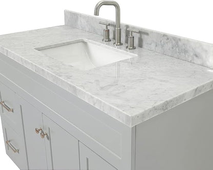 Bradford 48-Inch Bathroom Vanity with Sink — Grey Single Sink Bathroom Vanity, 1.5" Edge Italian Carrara Marble Top, Solid Wood, 2 Soft-Close Doors, 4 Full Extension Dovetail Drawers