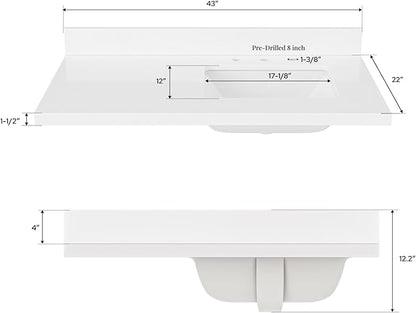 ARIEL 43 inch Bathroom Vanity top with Sink, 1.5 Inch Thick Miter Edge White Quartz top, Right Offset Vanity top with Rectangle Porcelain Sink, Includes Backsplash