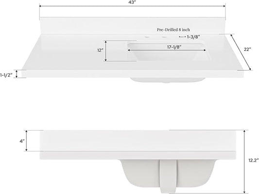 ARIEL 43 inch Bathroom Vanity top with Sink, 1.5 Inch Thick Miter Edge White Quartz top, Right Offset Vanity top with Rectangle Porcelain Sink, Includes Backsplash
